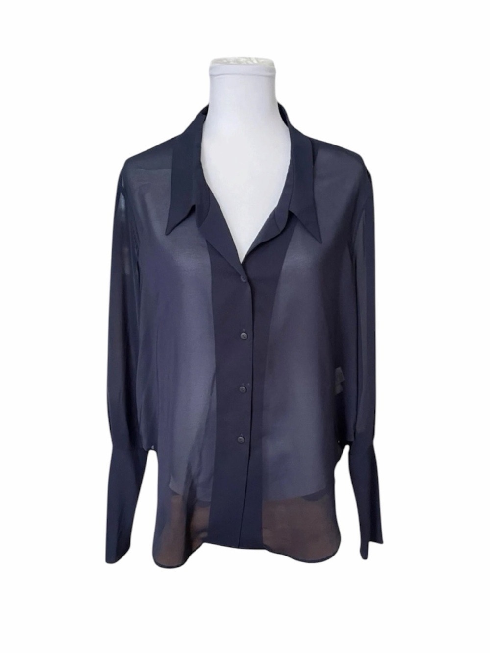 Theyskens Theory Womens S Navy Blue Long Sleeve Sheer Button Front Blouse